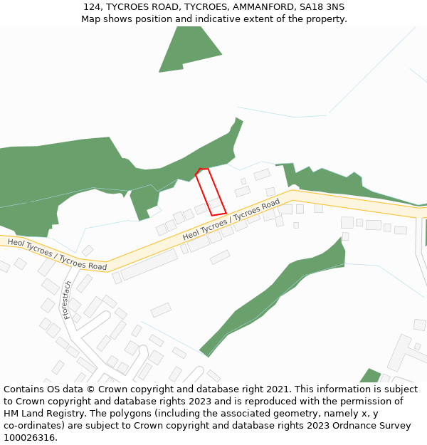 124, TYCROES ROAD, TYCROES, AMMANFORD, SA18 3NS: Location map and indicative extent of plot