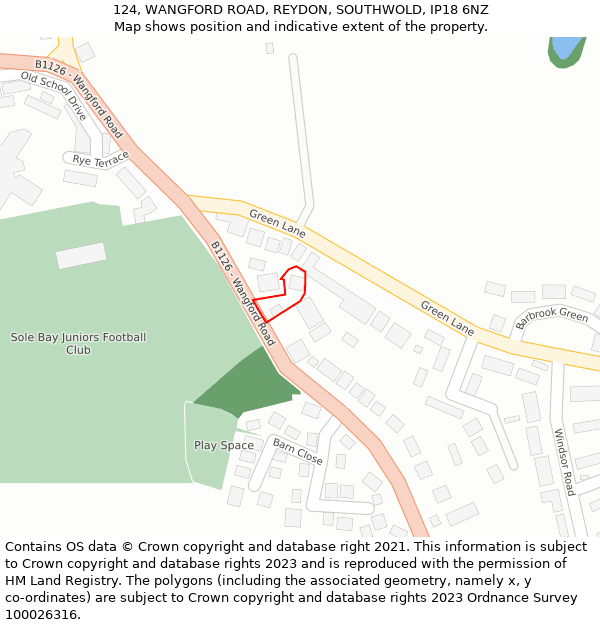 124, WANGFORD ROAD, REYDON, SOUTHWOLD, IP18 6NZ: Location map and indicative extent of plot