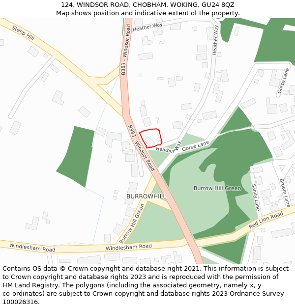 124, WINDSOR ROAD, CHOBHAM, WOKING, GU24 8QZ: Location map and indicative extent of plot