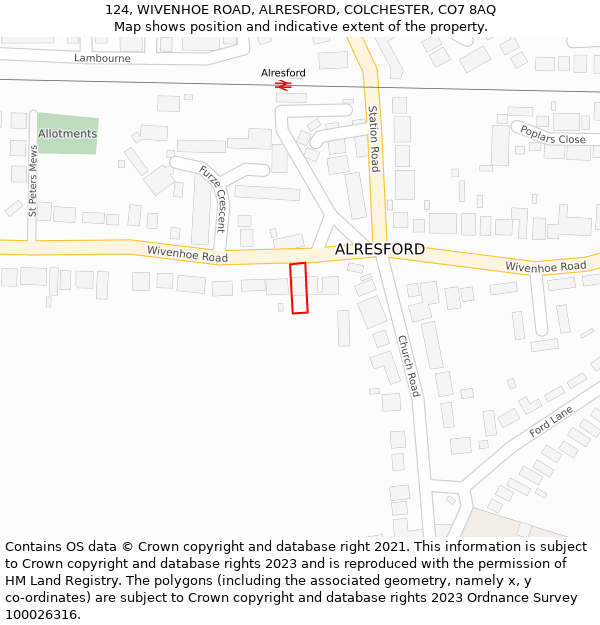 124, WIVENHOE ROAD, ALRESFORD, COLCHESTER, CO7 8AQ: Location map and indicative extent of plot