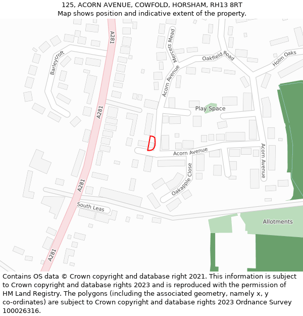 125, ACORN AVENUE, COWFOLD, HORSHAM, RH13 8RT: Location map and indicative extent of plot