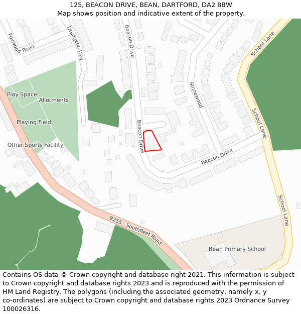 125, BEACON DRIVE, BEAN, DARTFORD, DA2 8BW: Location map and indicative extent of plot
