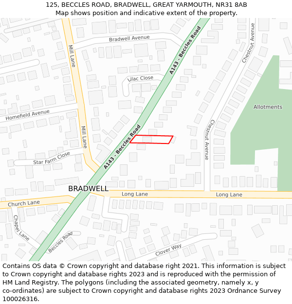 125, BECCLES ROAD, BRADWELL, GREAT YARMOUTH, NR31 8AB: Location map and indicative extent of plot