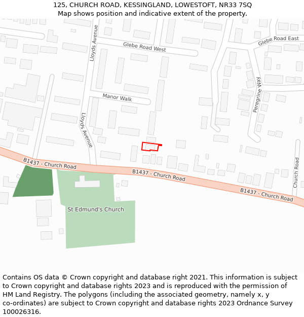 125, CHURCH ROAD, KESSINGLAND, LOWESTOFT, NR33 7SQ: Location map and indicative extent of plot