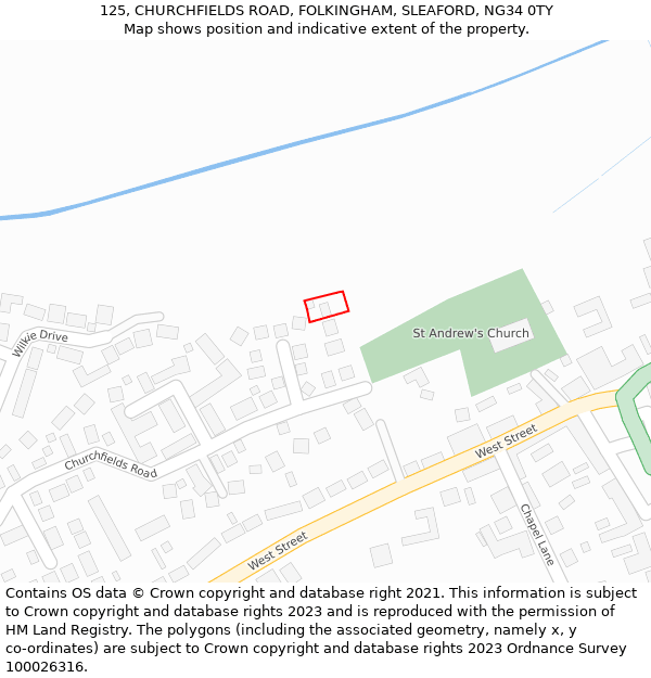 125, CHURCHFIELDS ROAD, FOLKINGHAM, SLEAFORD, NG34 0TY: Location map and indicative extent of plot