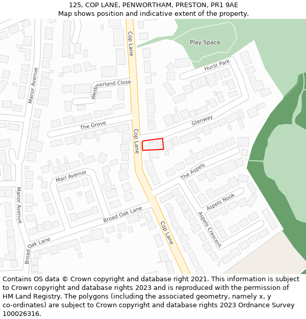 125, COP LANE, PENWORTHAM, PRESTON, PR1 9AE: Location map and indicative extent of plot