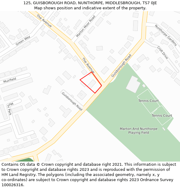 125, GUISBOROUGH ROAD, NUNTHORPE, MIDDLESBROUGH, TS7 0JE: Location map and indicative extent of plot