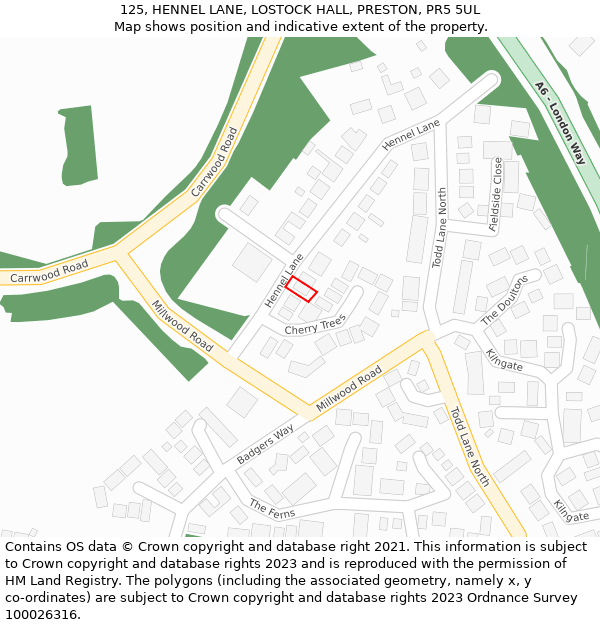 125, HENNEL LANE, LOSTOCK HALL, PRESTON, PR5 5UL: Location map and indicative extent of plot