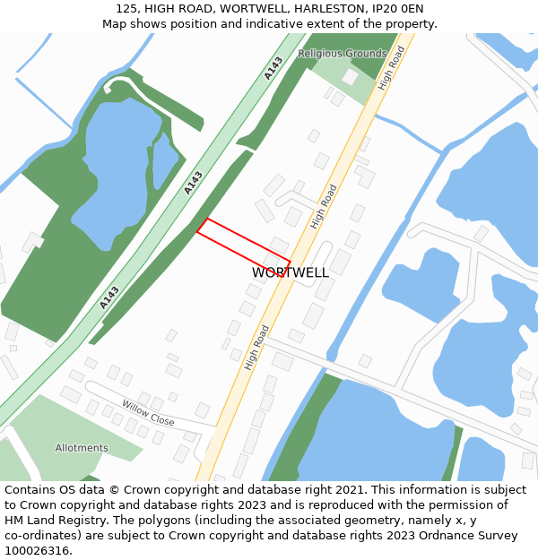 125, HIGH ROAD, WORTWELL, HARLESTON, IP20 0EN: Location map and indicative extent of plot