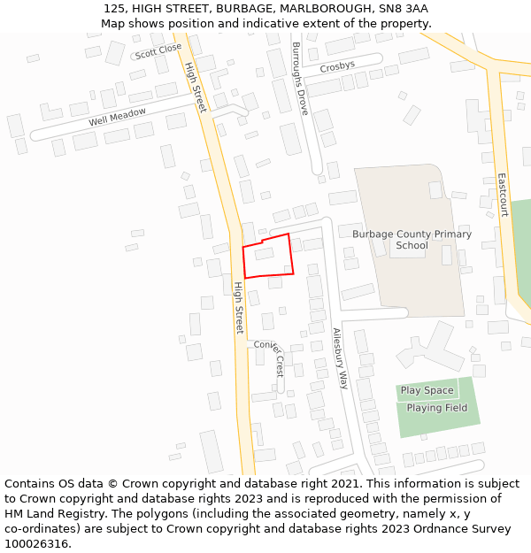125, HIGH STREET, BURBAGE, MARLBOROUGH, SN8 3AA: Location map and indicative extent of plot