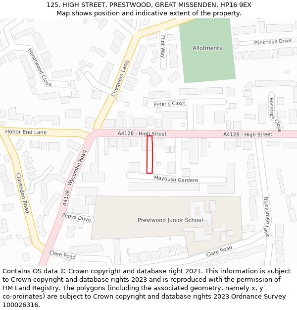 125, HIGH STREET, PRESTWOOD, GREAT MISSENDEN, HP16 9EX: Location map and indicative extent of plot