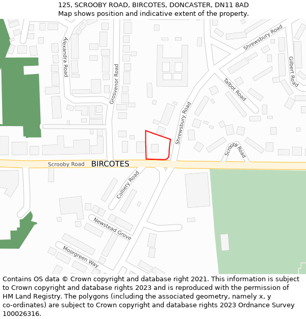 125, SCROOBY ROAD, BIRCOTES, DONCASTER, DN11 8AD: Location map and indicative extent of plot