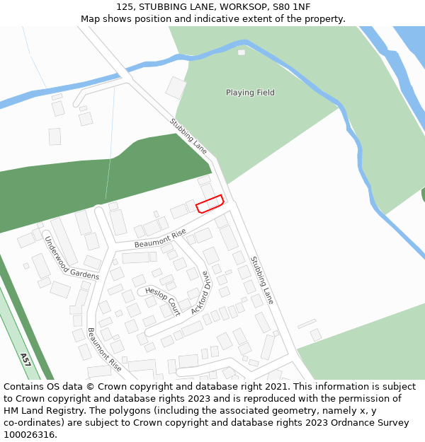 125, STUBBING LANE, WORKSOP, S80 1NF: Location map and indicative extent of plot