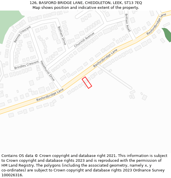 126, BASFORD BRIDGE LANE, CHEDDLETON, LEEK, ST13 7EQ: Location map and indicative extent of plot