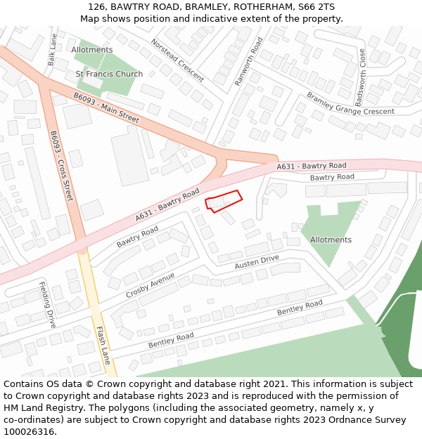 126, BAWTRY ROAD, BRAMLEY, ROTHERHAM, S66 2TS: Location map and indicative extent of plot