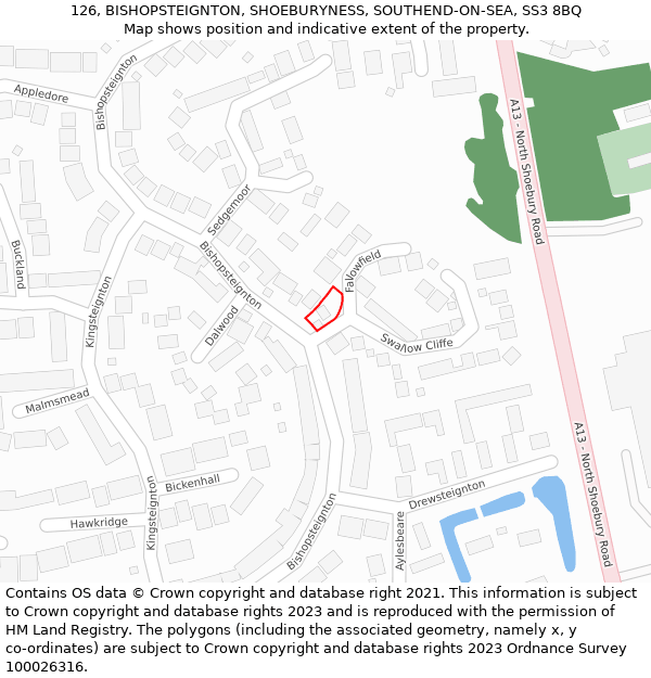 126, BISHOPSTEIGNTON, SHOEBURYNESS, SOUTHEND-ON-SEA, SS3 8BQ: Location map and indicative extent of plot