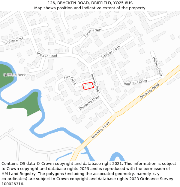 126, BRACKEN ROAD, DRIFFIELD, YO25 6US: Location map and indicative extent of plot