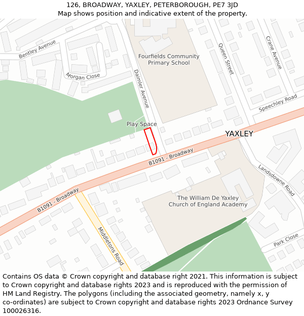 126, BROADWAY, YAXLEY, PETERBOROUGH, PE7 3JD: Location map and indicative extent of plot