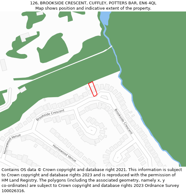 126, BROOKSIDE CRESCENT, CUFFLEY, POTTERS BAR, EN6 4QL: Location map and indicative extent of plot