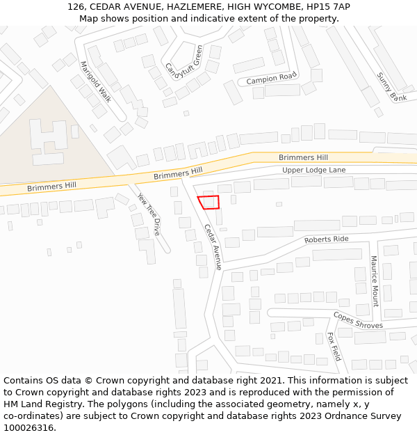 126, CEDAR AVENUE, HAZLEMERE, HIGH WYCOMBE, HP15 7AP: Location map and indicative extent of plot