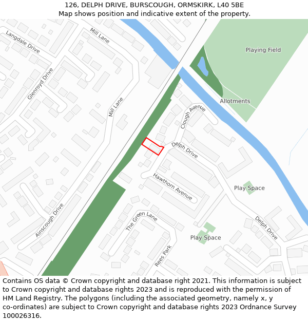 126, DELPH DRIVE, BURSCOUGH, ORMSKIRK, L40 5BE: Location map and indicative extent of plot