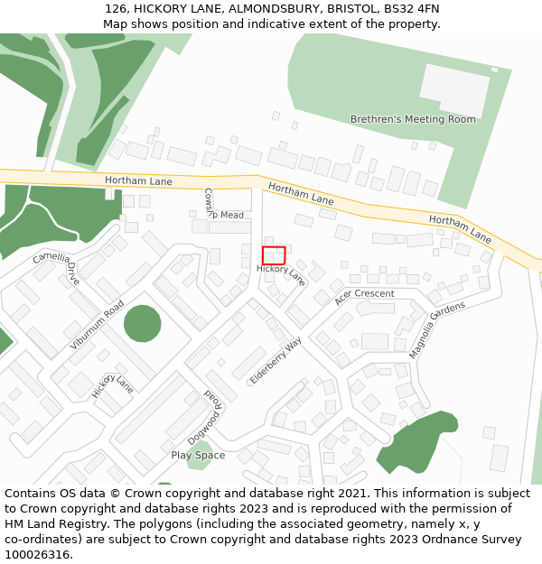 126, HICKORY LANE, ALMONDSBURY, BRISTOL, BS32 4FN: Location map and indicative extent of plot