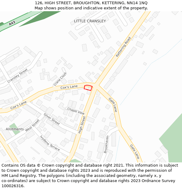 126, HIGH STREET, BROUGHTON, KETTERING, NN14 1NQ: Location map and indicative extent of plot