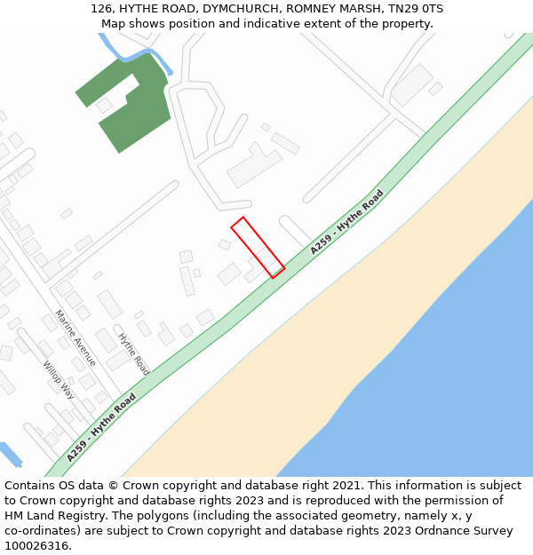 126, HYTHE ROAD, DYMCHURCH, ROMNEY MARSH, TN29 0TS: Location map and indicative extent of plot