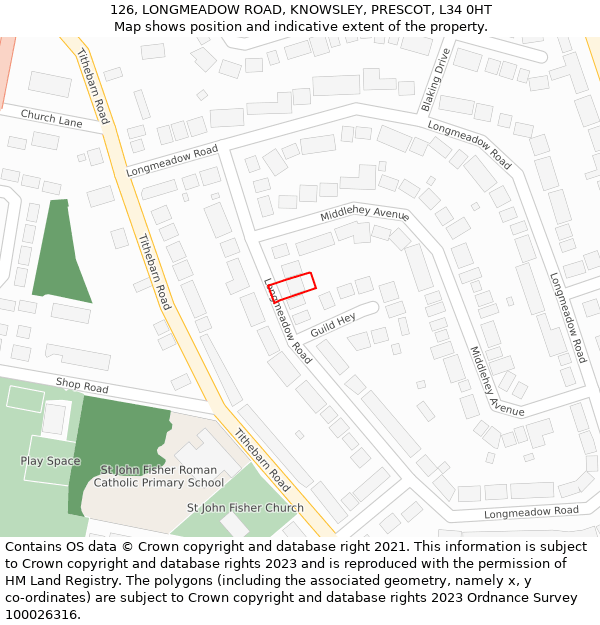 126, LONGMEADOW ROAD, KNOWSLEY, PRESCOT, L34 0HT: Location map and indicative extent of plot
