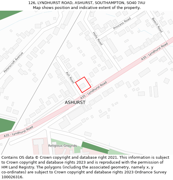 126, LYNDHURST ROAD, ASHURST, SOUTHAMPTON, SO40 7AU: Location map and indicative extent of plot