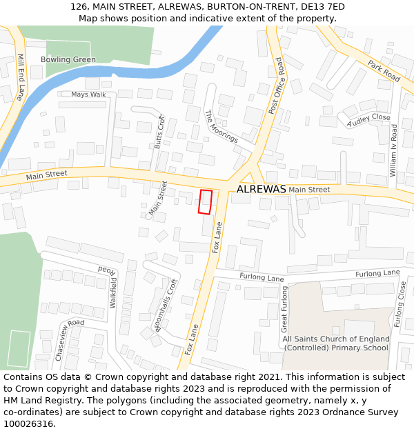 126, MAIN STREET, ALREWAS, BURTON-ON-TRENT, DE13 7ED: Location map and indicative extent of plot