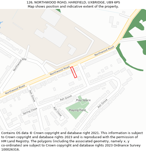 126, NORTHWOOD ROAD, HAREFIELD, UXBRIDGE, UB9 6PS: Location map and indicative extent of plot