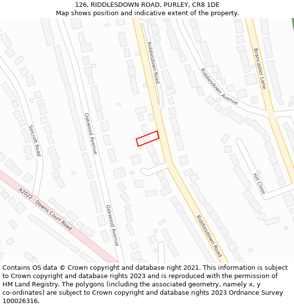 126, RIDDLESDOWN ROAD, PURLEY, CR8 1DE: Location map and indicative extent of plot