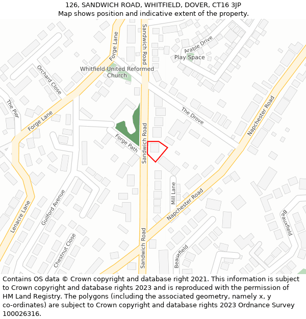 126, SANDWICH ROAD, WHITFIELD, DOVER, CT16 3JP: Location map and indicative extent of plot