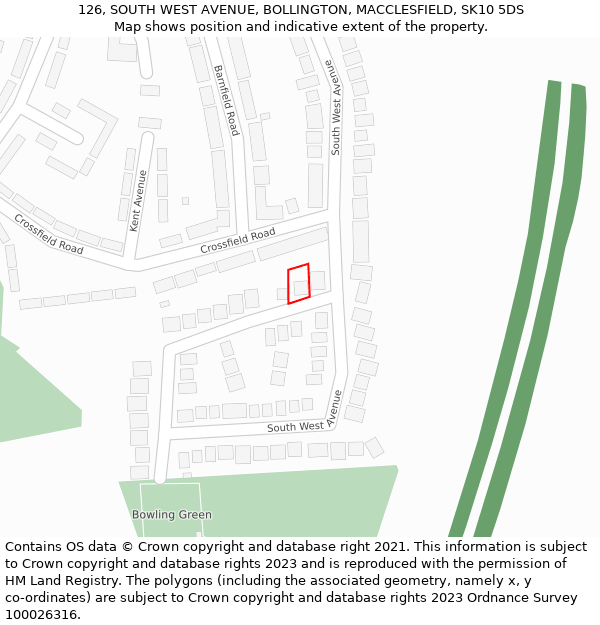 126, SOUTH WEST AVENUE, BOLLINGTON, MACCLESFIELD, SK10 5DS: Location map and indicative extent of plot