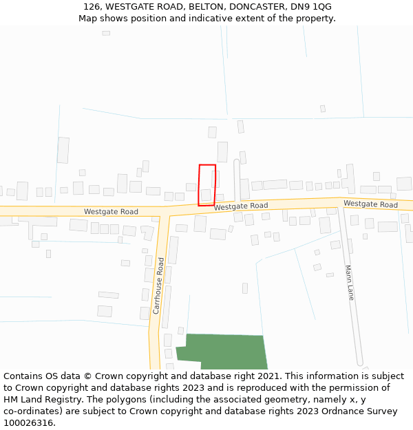 126, WESTGATE ROAD, BELTON, DONCASTER, DN9 1QG: Location map and indicative extent of plot