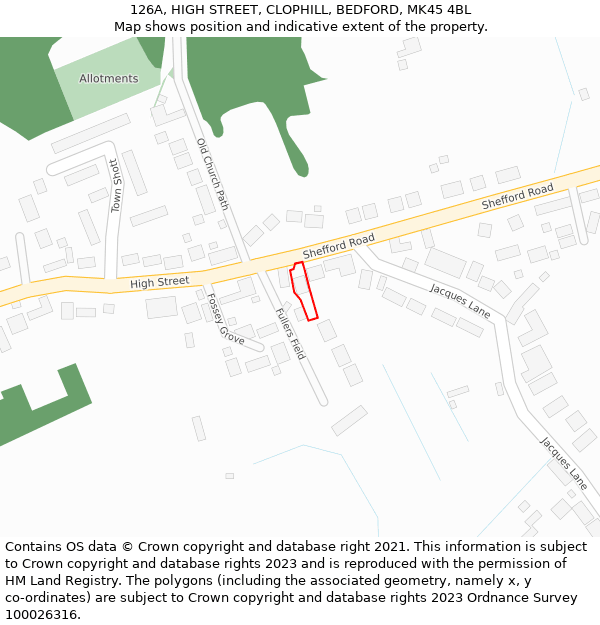 126A, HIGH STREET, CLOPHILL, BEDFORD, MK45 4BL: Location map and indicative extent of plot