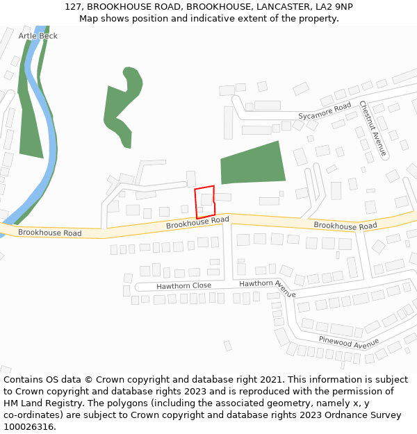 127, BROOKHOUSE ROAD, BROOKHOUSE, LANCASTER, LA2 9NP: Location map and indicative extent of plot
