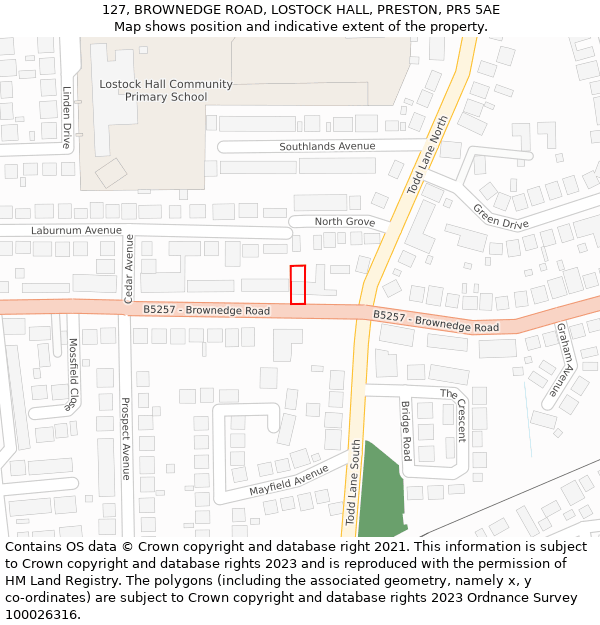 127, BROWNEDGE ROAD, LOSTOCK HALL, PRESTON, PR5 5AE: Location map and indicative extent of plot