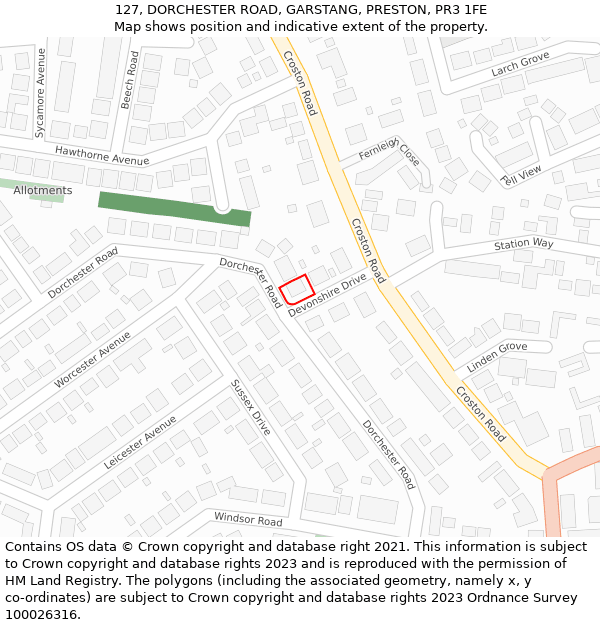 127, DORCHESTER ROAD, GARSTANG, PRESTON, PR3 1FE: Location map and indicative extent of plot