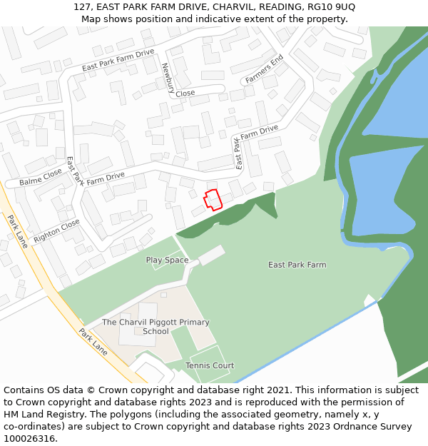 127, EAST PARK FARM DRIVE, CHARVIL, READING, RG10 9UQ: Location map and indicative extent of plot