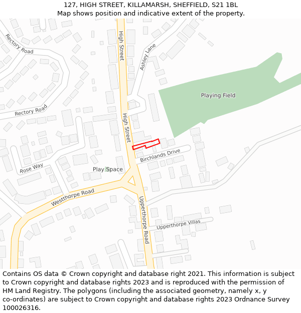 127, HIGH STREET, KILLAMARSH, SHEFFIELD, S21 1BL: Location map and indicative extent of plot