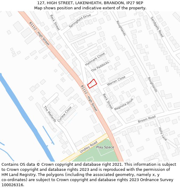 127, HIGH STREET, LAKENHEATH, BRANDON, IP27 9EP: Location map and indicative extent of plot