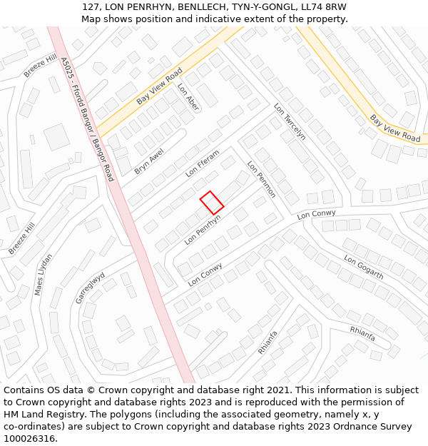 127, LON PENRHYN, BENLLECH, TYN-Y-GONGL, LL74 8RW: Location map and indicative extent of plot