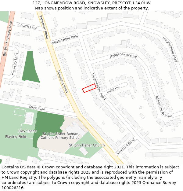 127, LONGMEADOW ROAD, KNOWSLEY, PRESCOT, L34 0HW: Location map and indicative extent of plot
