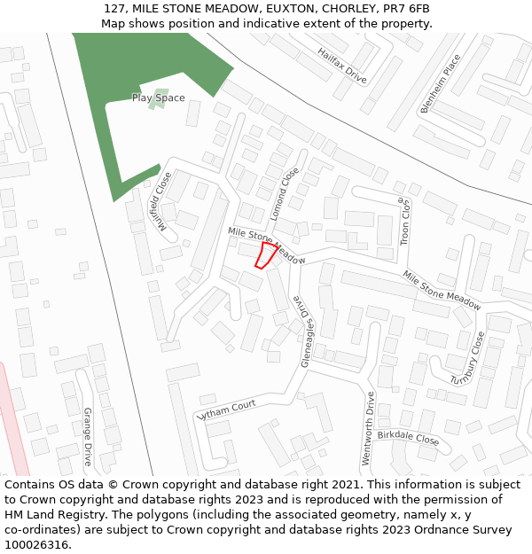 127, MILE STONE MEADOW, EUXTON, CHORLEY, PR7 6FB: Location map and indicative extent of plot