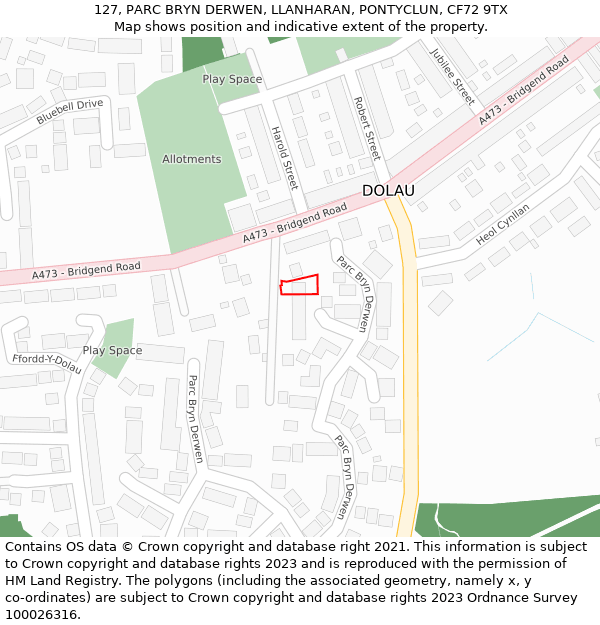 127, PARC BRYN DERWEN, LLANHARAN, PONTYCLUN, CF72 9TX: Location map and indicative extent of plot