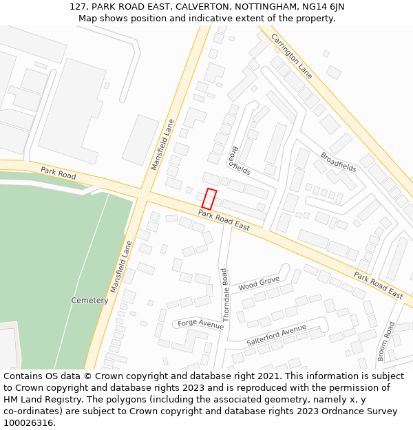 127, PARK ROAD EAST, CALVERTON, NOTTINGHAM, NG14 6JN: Location map and indicative extent of plot