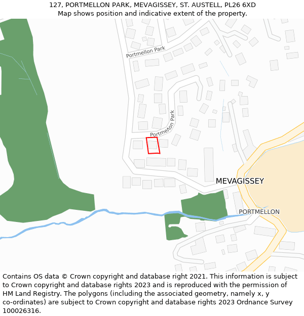 127, PORTMELLON PARK, MEVAGISSEY, ST. AUSTELL, PL26 6XD: Location map and indicative extent of plot
