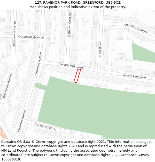 127, RAVENOR PARK ROAD, GREENFORD, UB6 9QZ: Location map and indicative extent of plot